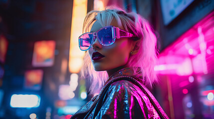 Cyberpunk-inspired portrait, holographic details, LED-lit transparent clothing, urban futuristic...