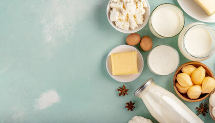 assorted dairy products on wooden table, natural lighting. Caption space.  - obrazy, fototapety, plakaty