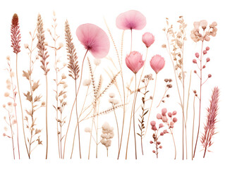 Pink dried herbarium flowers on white background