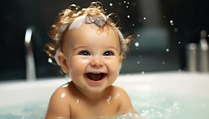 Smiling child enjoying a bubbly bath at home generated by AI
