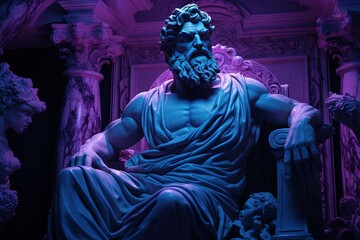 Obraz premium Abstract neon vibes ancient roman, greek stoic person, marble, stone sculpture, bust, statue. Modern stoicism. Great for stoic quotes.