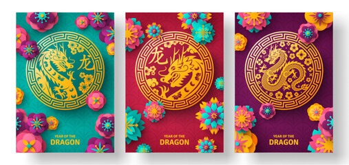 Posters Set for 2024 Chinese New Year. Hieroglyphs Lunar Dragon. Vector illustration. Paper cut Spring Flowers. Place for Text. Japanese Pattern Cards, Cute Menu Design, Frame Template - obrazy, fototapety, plakaty