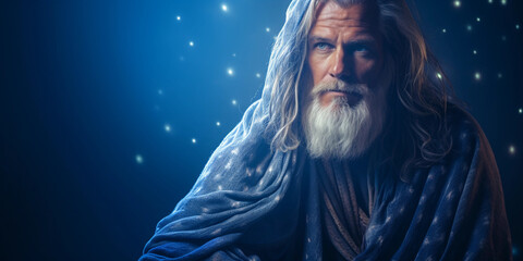 Fototapeta premium Mystical iconographic portrait of a sage, twinkling starry backdrop, ethereal glow, flowing robes