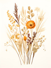 Orange dried herbarium flowers on white background