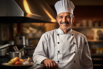 chef in a kitchen, white hat, confident smile, surrounded by culinary tools, warm ambient lighting