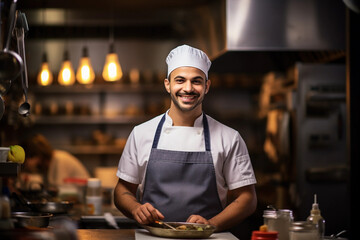 chef in a kitchen, white hat, confident smile, surrounded by culinary tools, warm ambient lighting - Powered by Adobe