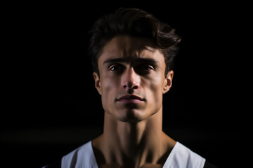 Fototapeta premium professional male ballet dancer, strong gaze, defined jawline, stage makeup, dramatic stage lighting