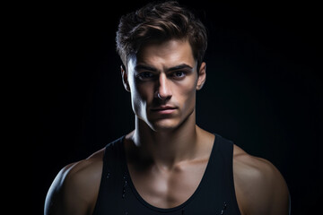 Obraz premium professional male ballet dancer, strong gaze, defined jawline, stage makeup, dramatic stage lighting