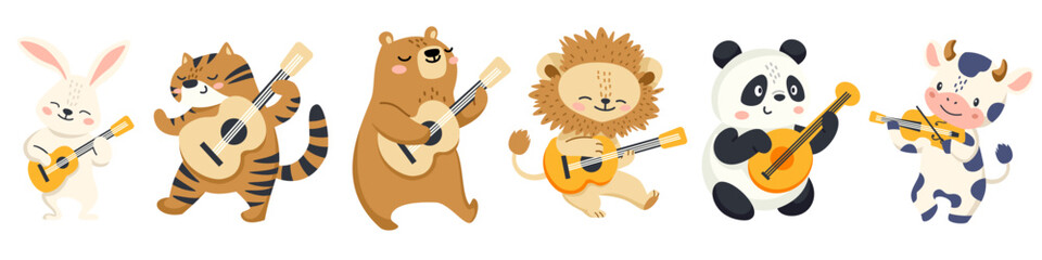 Set of children vector illustration. Cute cow panda bear hare hare lion and tiger playing guitar. Animals with musical instruments on white background . Vector illustration © Alena