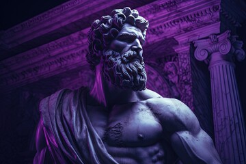 Abstract neon vibes ancient roman, greek stoic person, marble, stone sculpture, bust, statue. Modern stoicism. Great for stoic quotes. - obrazy, fototapety, plakaty