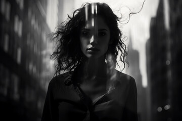Portrait featuring double exposure, blend of cityscape and facial features, moody atmosphere