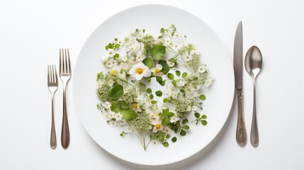 Set table with a plate with flowers.