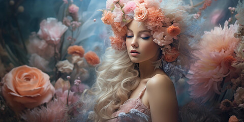 Surrealist portrait blending human and nature, floral headpiece merging with real flowers