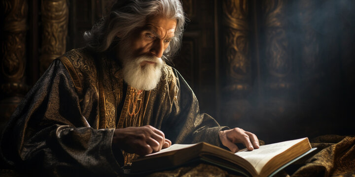 Saintly figure in Byzantine iconographic portrait, halo of gold leaf, intricate embroidery on robes, holding a gilded scripture, aged parchment background