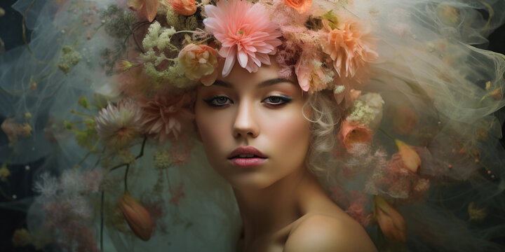 Surrealist portrait blending human and nature, floral headpiece merging with real flowers