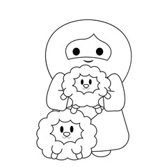 Cute Jesus Christ is holding lamb in black and white