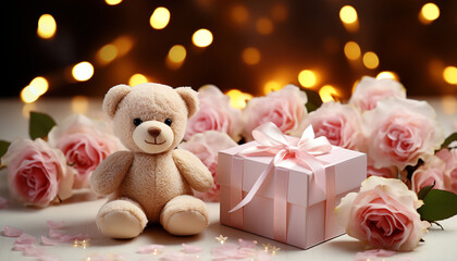 Fototapeta na wymiar Cute teddy bear in gift box, love celebration generated by AI
