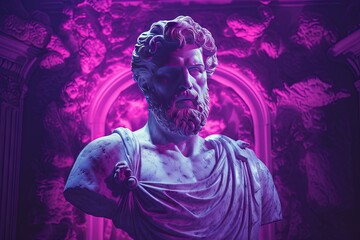 Obraz premium Abstract neon vibes ancient roman, greek stoic person, marble, stone sculpture, bust, statue. Modern stoicism. Great for stoic quotes.
