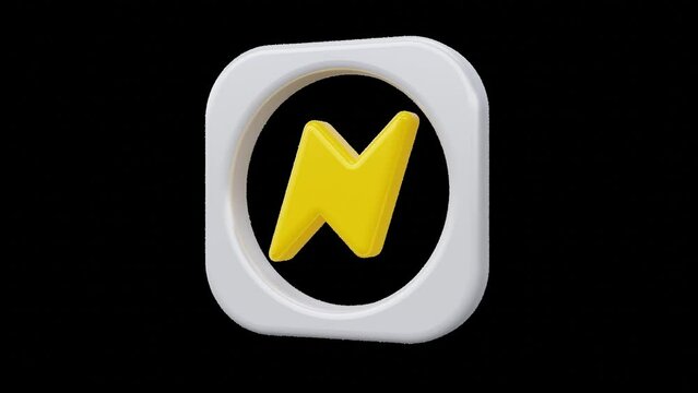 Bolt 3d icon rotating on transparent background animation, yellow lightning sign in white frame, alpha channel video