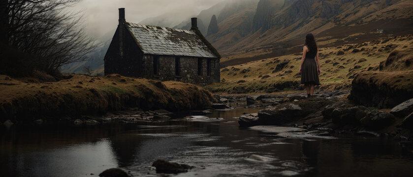 Creepy Rural Scene with House and Woman in Dress. Melancholic Autumn Mood. Generative AI.