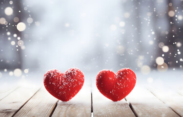 two red hearts on wooden table over falling snow and white snowy