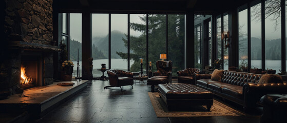Modern Living Room with Vintage Leather Sofas and Stone Fireplace. Atmospheric Autumn Mood. Generative AI.