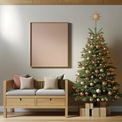 An elegantly decorated christmas tree stands tall in a cozy room, adorned with twinkling lights and surrounded by presents, while a framed picture on the wall adds a personal touch to the holiday atm