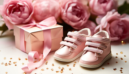 Baby shoe, pink decoration, birthday gift, small celebration generated by AI