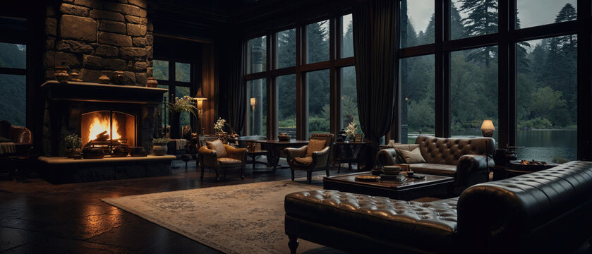 Interior Scene with Leather Sofas and Fireplace. Cold Autumn Lake View outside. Generative AI.