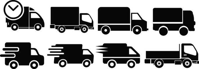 delivery truck icon in flat style set. isolated on transparent background. design use for Fast moving shipping delivery truck art vector for transportation symbol apps and websites - obrazy, fototapety, plakaty