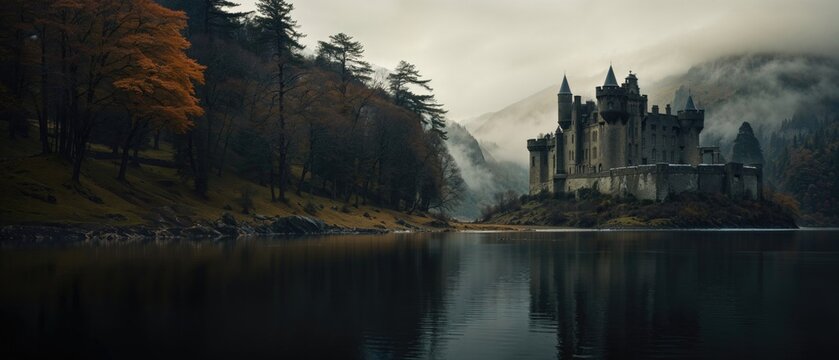Castle Shrouded in Mist. Atmospheric Autumn Lake Scene. Generative AI.