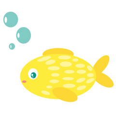 Yellow fish. Yellow fish with gills and blue water bubbles. Blue bubbles. Gold fish.