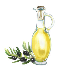Olive oil bottle and a branch of olive tree. Watercolor olive oil clipart isolated on white. Italian food concept. Healthy food themed illustration. Olive oil branding.