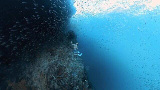Freediver swimming underwater along the coral reef with lots of tiny fish