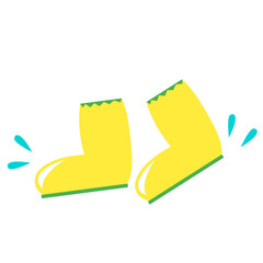 Yellow rubber boots with green soles walk and splash water. Yellow rubber boots. Boots with rubber green soles.