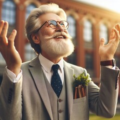 elderly teacher in a suit near the university joyfully raises his hands to the sky