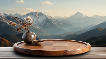 Wooden floor leading to tranquil sea view with mountains in distance emphasizing harmony of nature and luxury, AI Generated - obrazy, fototapety, plakaty