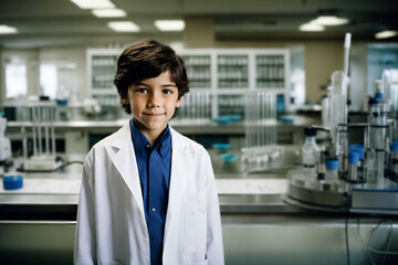 Child wearing scientist doctor clothes. Boy embracing future profession. Kid in aspirational attire