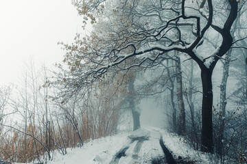 Zimowa aleja wśród drzew, mglisty świt (Winter avenue among trees, foggy dawn)