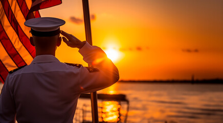 Silhouette of a naval officer saluting the American flag at sunset, symbolizing military respect and patriotism.
