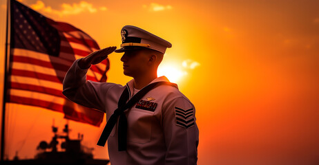 Sailor saluting the US flag at sunset aboard ship, embodying naval tradition and American pride.
 - obrazy, fototapety, plakaty