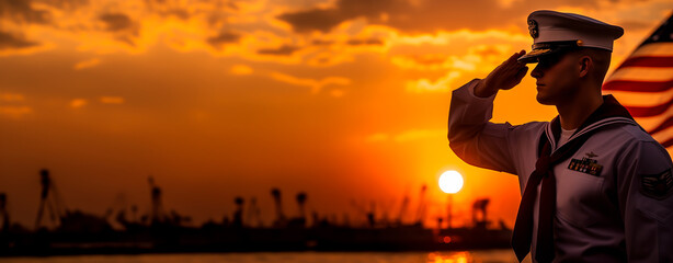 Silhouette of a sailor saluting at sunset with industrial harbor background.
 - Powered by Adobe
