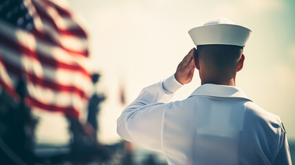 Sailor saluting American flag, patriotic theme.
