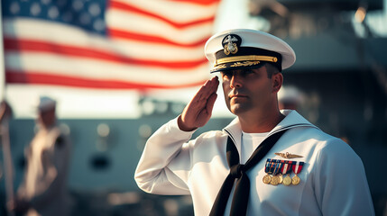 Navy officer saluting in uniform with American flag in background, military honor and patriotism.
 - obrazy, fototapety, plakaty