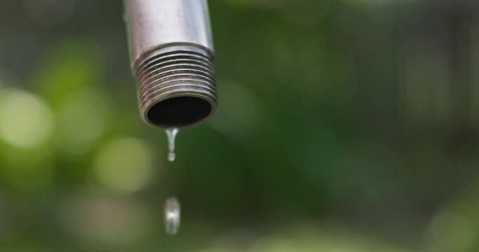 Water drips from a leaky faucet with a blurred background. Water saving concept