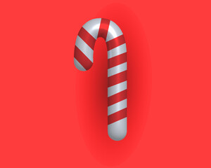 3D  Christmas candy canes on  red background, . Christmas stick. Traditional  candy with red  and white stripes.  EPS 10 vector  realistic illustration
