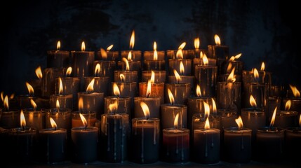 Many lit burning candles background.