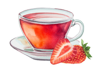 Vintage glass cup with strawberries illustration. Retro mug design. Hot drink clipart isolated on a white background. Calming herbal tea clipart. Drink for better health.