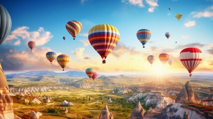 Burst of colors as hot air balloons soar above a vast, patchwork landscape - Powered by Adobe