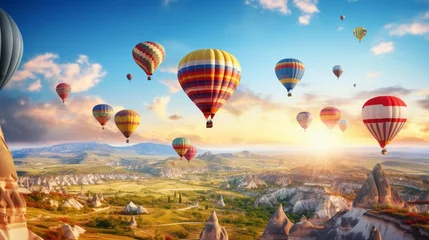  Burst of colors as hot air balloons soar above a vast, patchwork landscape © Image Studio